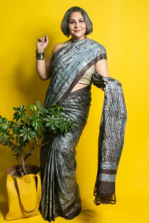 Devaki - Ice Blue Brown Kutchh Reverse Batik Tussar Silk Handloom Saree