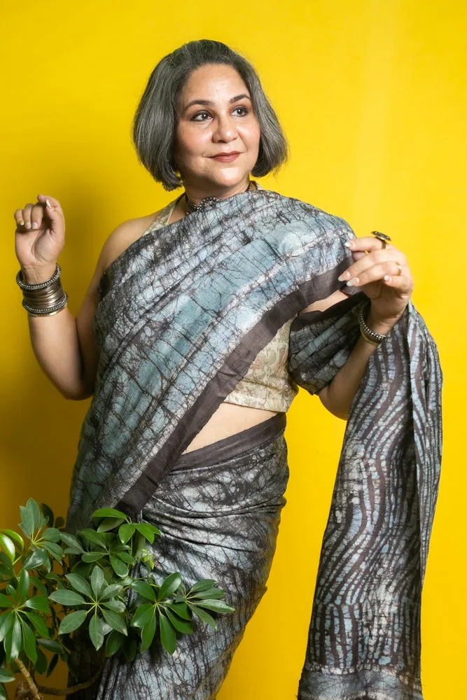 Devaki - Ice Blue Brown Kutchh Reverse Batik Tussar Silk Handloom Saree
