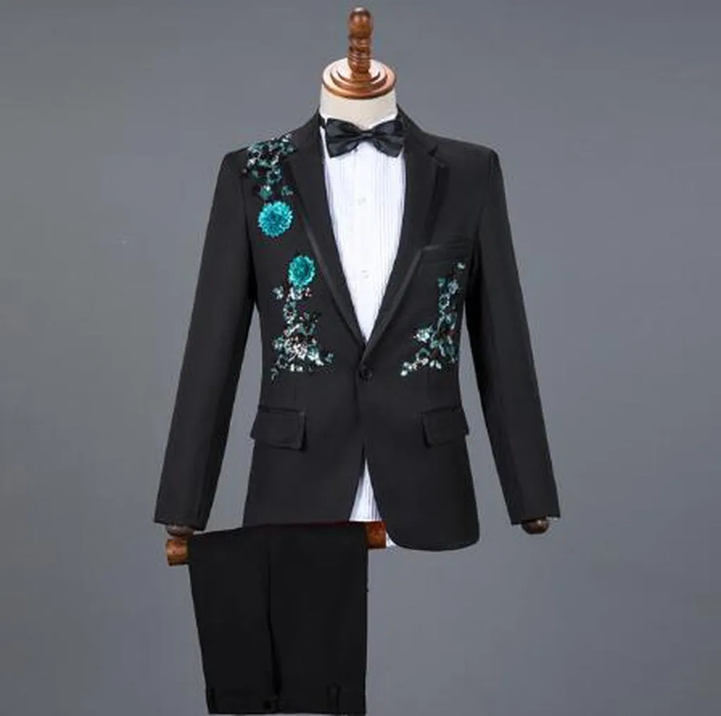 Diamond Royal Blue Men Suit Set Gold Embroidered Wedding Mens Slim Fit Tuxedo Mens Suits With Pants Prom Show Stage Costume Male