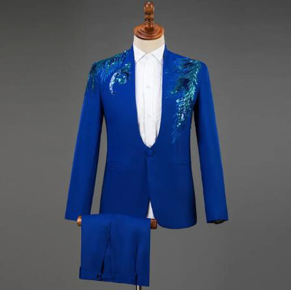 Diamond Royal Blue Men Suit Set Gold Embroidered Wedding Mens Slim Fit Tuxedo Mens Suits With Pants Prom Show Stage Costume Male