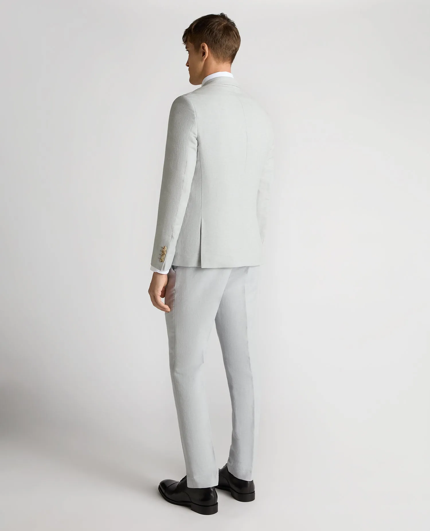 Double Breasted Slim Fit Linen-Blend Suit Jacket - Light Blue