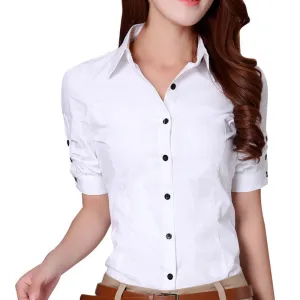 Elegant Office Lady V-Neck Fashion Blouses Size S-2XL Style Women White Career Cotton Shirts