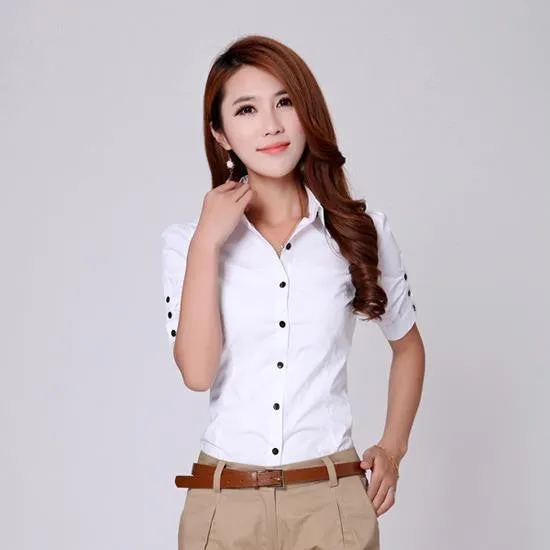 Elegant Office Lady V-Neck Fashion Blouses Size S-2XL Style Women White Career Cotton Shirts