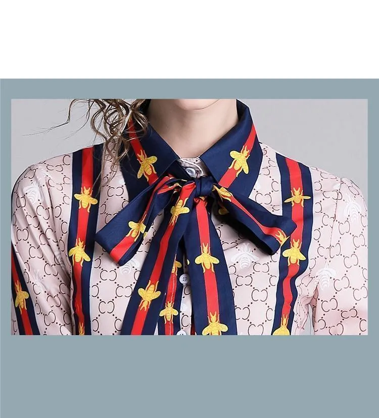Elegant Silk Blouse Pink Bow Tie Women Shirt