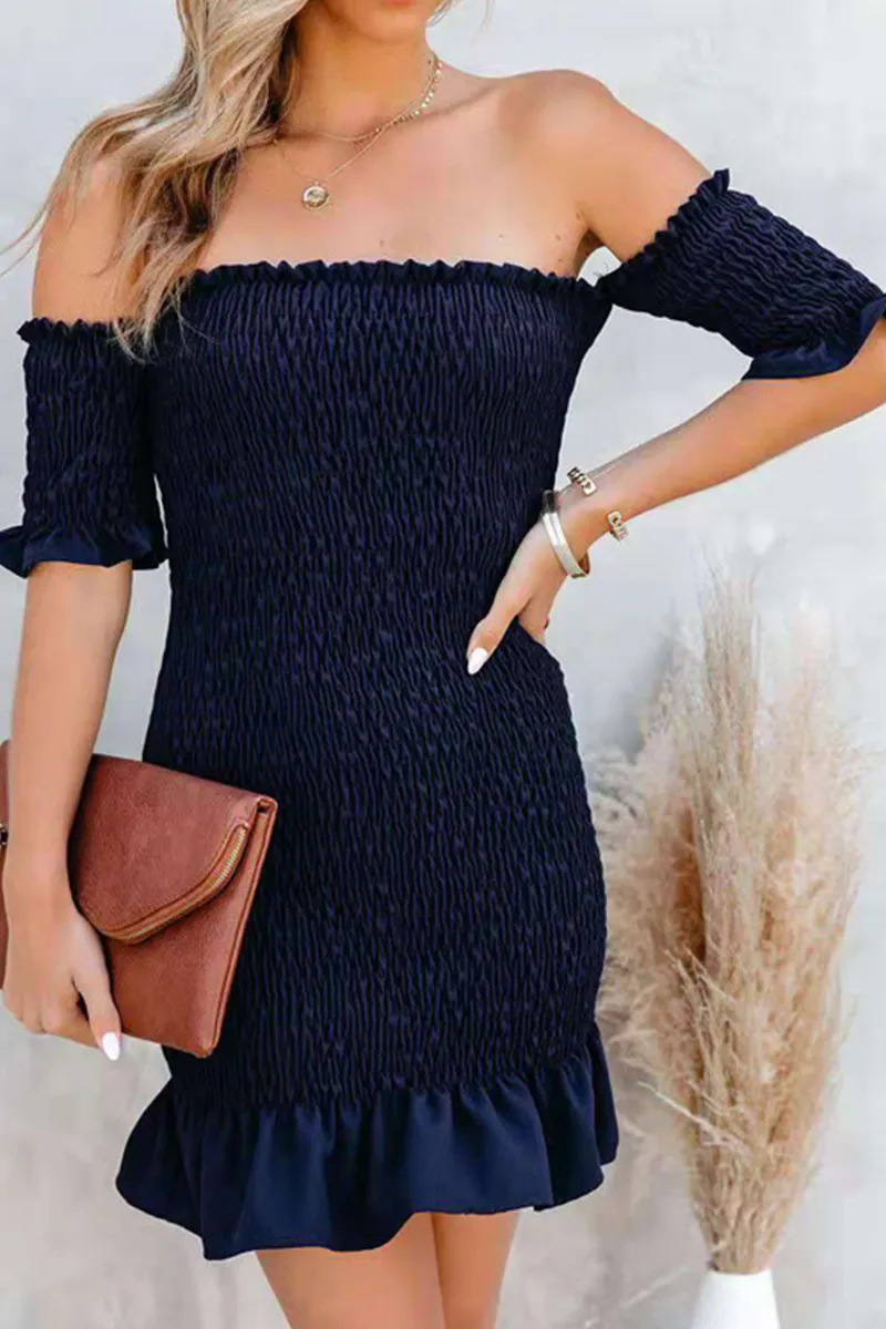 Elegant Solid Split Joint Fold Strapless Pencil Skirt Dresses