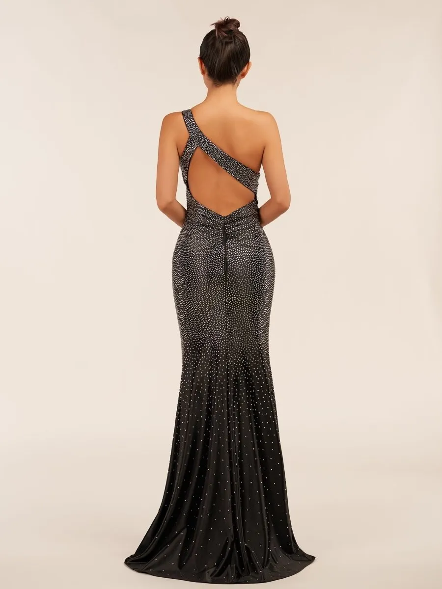 Eluned | Black One Shoulder Sheath Beaded Prom Dress With Split