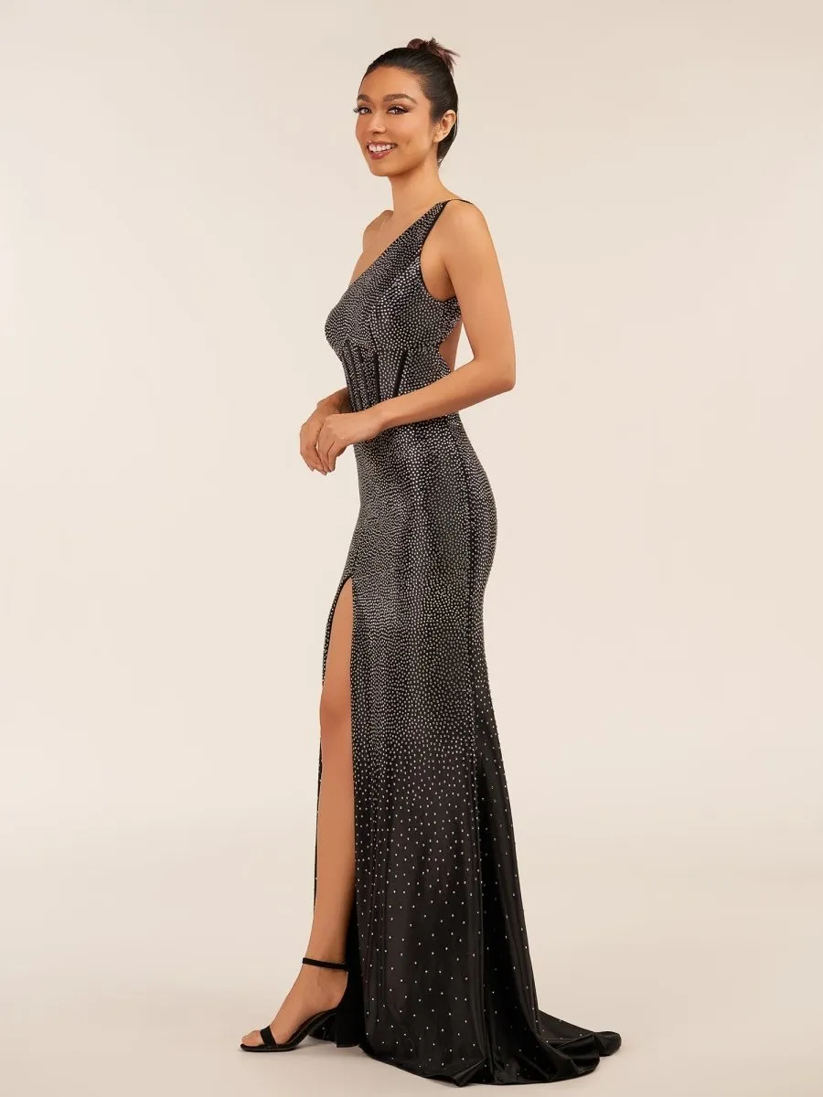 Eluned | Black One Shoulder Sheath Beaded Prom Dress With Split