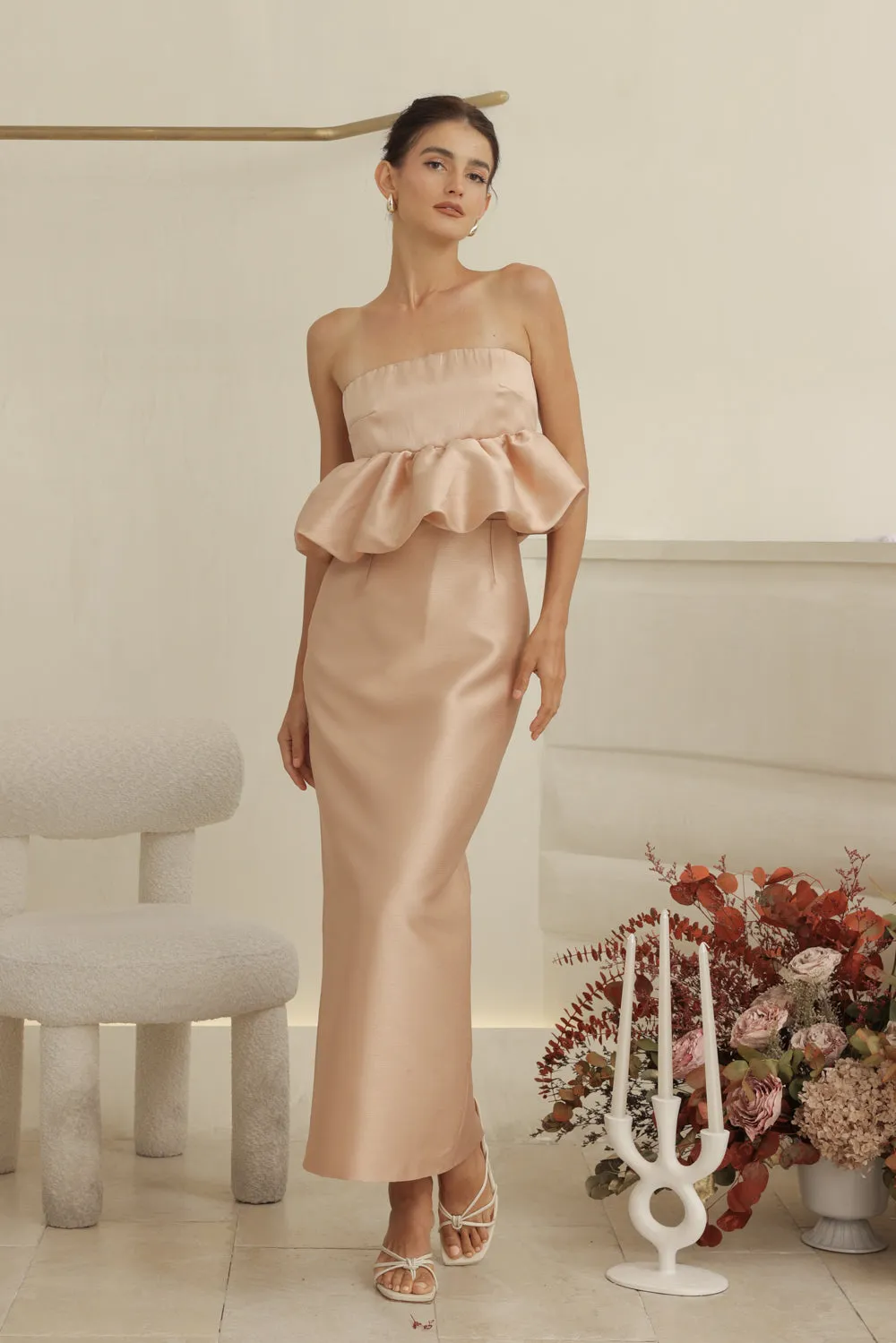 EMBER DRESS Strapless Peplum Top and Pencil  (Camel Gazaar)