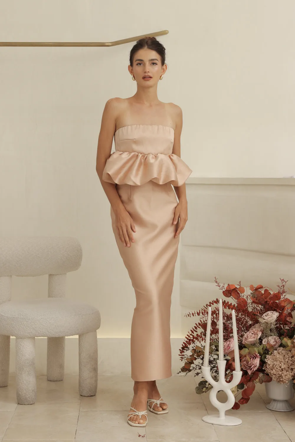 EMBER DRESS Strapless Peplum Top and Pencil  (Camel Gazaar)
