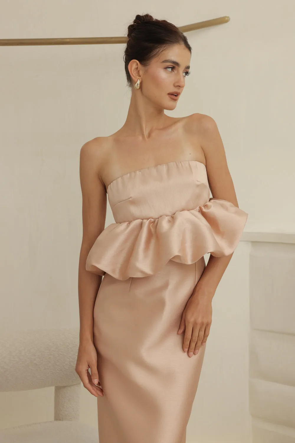 EMBER DRESS Strapless Peplum Top and Pencil  (Camel Gazaar)