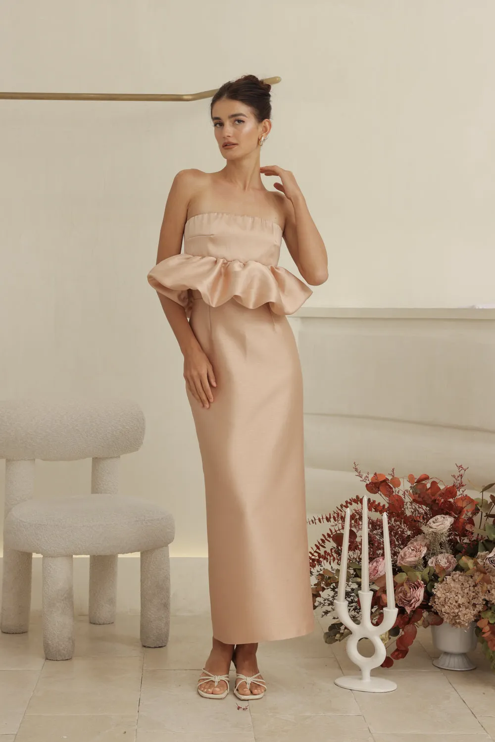 EMBER DRESS Strapless Peplum Top and Pencil  (Camel Gazaar)
