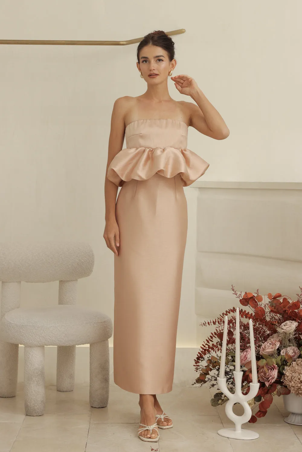 EMBER DRESS Strapless Peplum Top and Pencil  (Camel Gazaar)