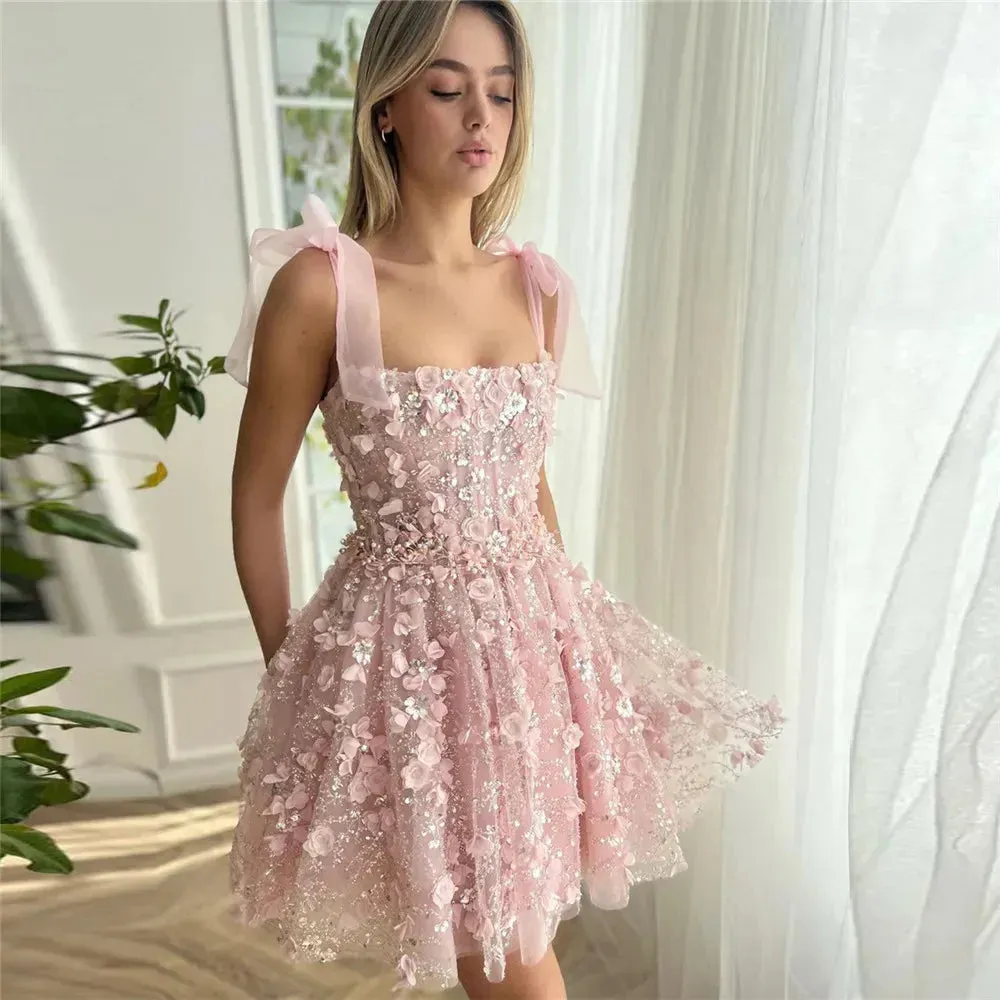Fairy Pink Prom Dresses 3D Flowers Spaghetti Strap Pleat Ruched Above Knee Homecoming Dresses vestidos de graduación