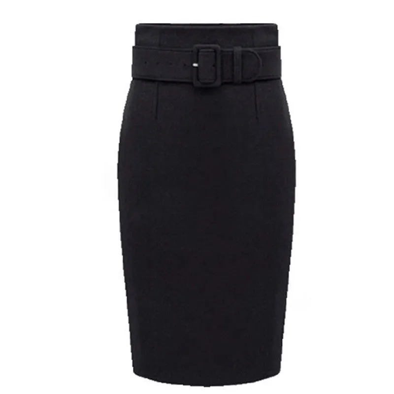 Fashion Knee Length Skirt Ladies Front Sashes Pencil Skirts Female