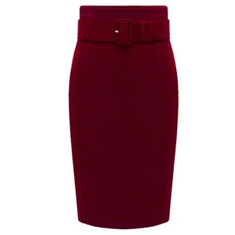 Fashion Knee Length Skirt Ladies Front Sashes Pencil Skirts Female