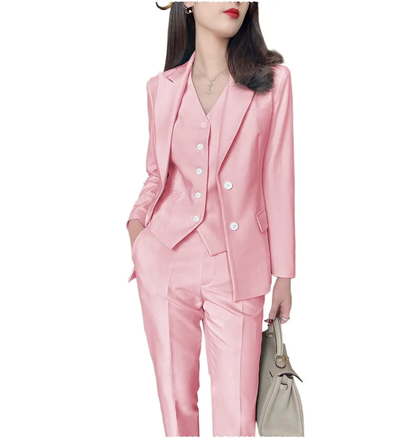 Fashion Slim Fit 3 Pieces Women Suit Peak Lapel Blazer