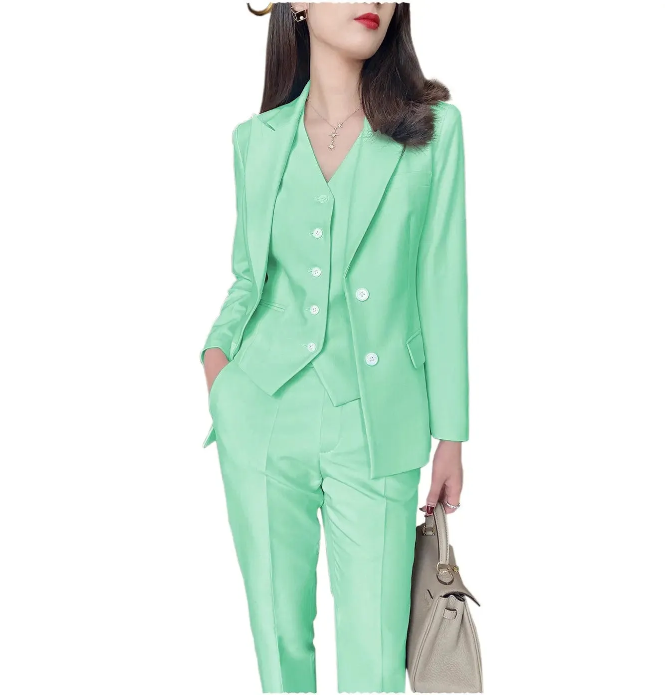 Fashion Slim Fit 3 Pieces Women Suit Peak Lapel Blazer