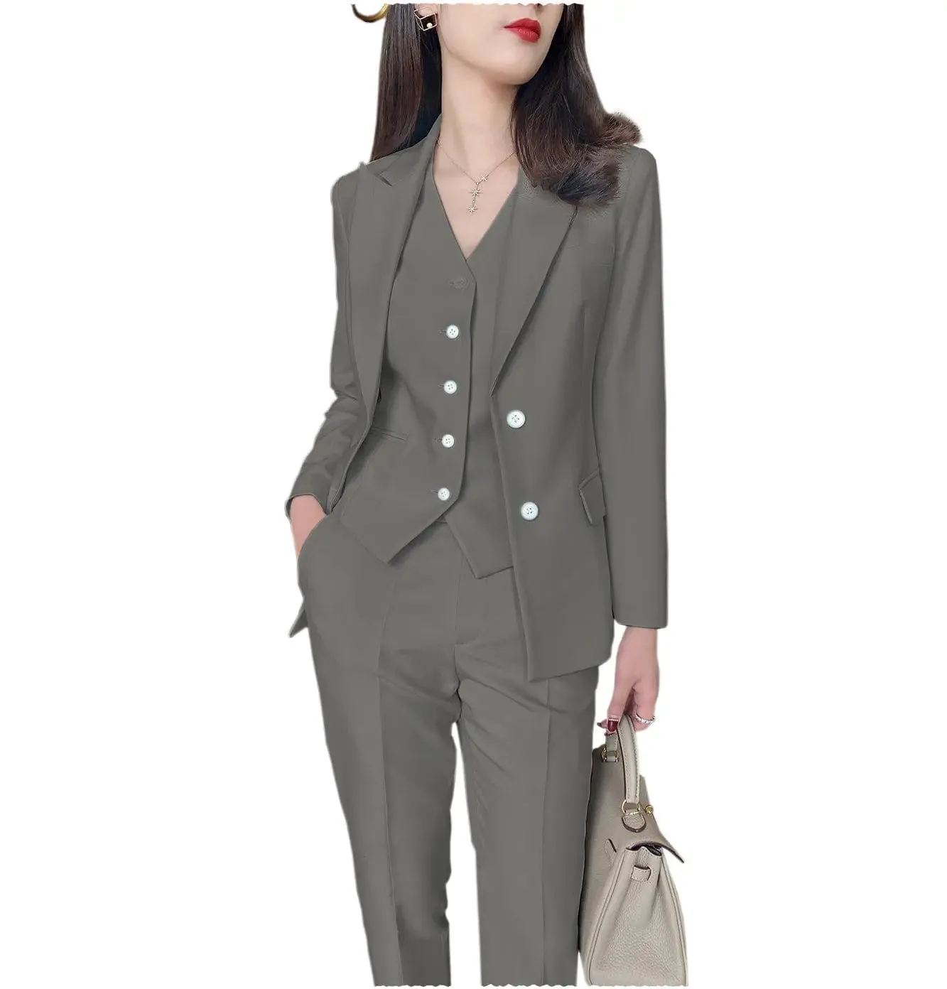 Fashion Slim Fit 3 Pieces Women Suit Peak Lapel Blazer