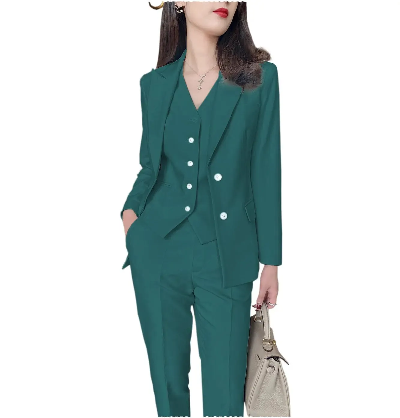 Fashion Slim Fit 3 Pieces Women Suit Peak Lapel Blazer