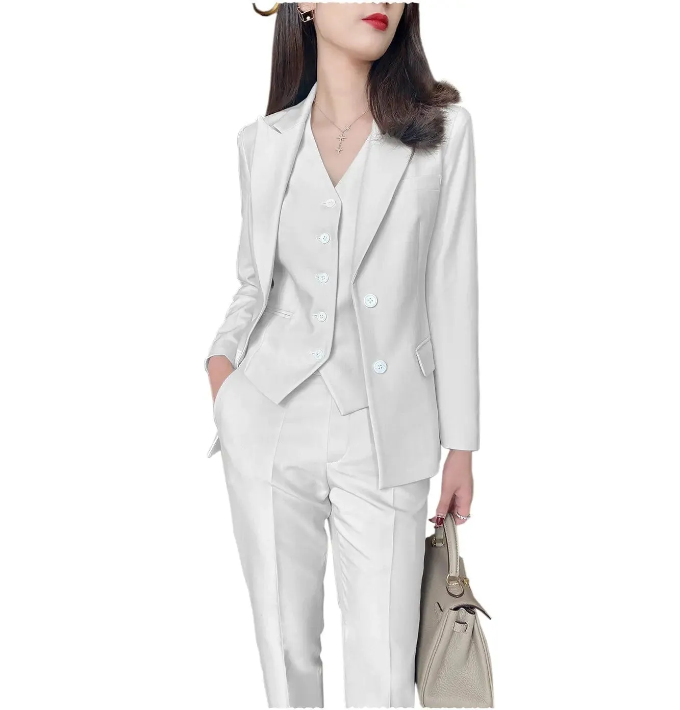 Fashion Slim Fit 3 Pieces Women Suit Peak Lapel Blazer