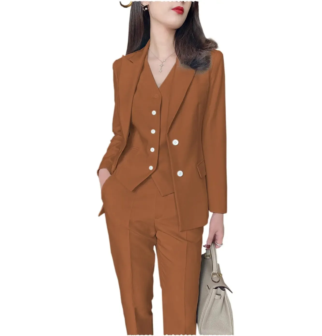 Fashion Slim Fit 3 Pieces Women Suit Peak Lapel Blazer