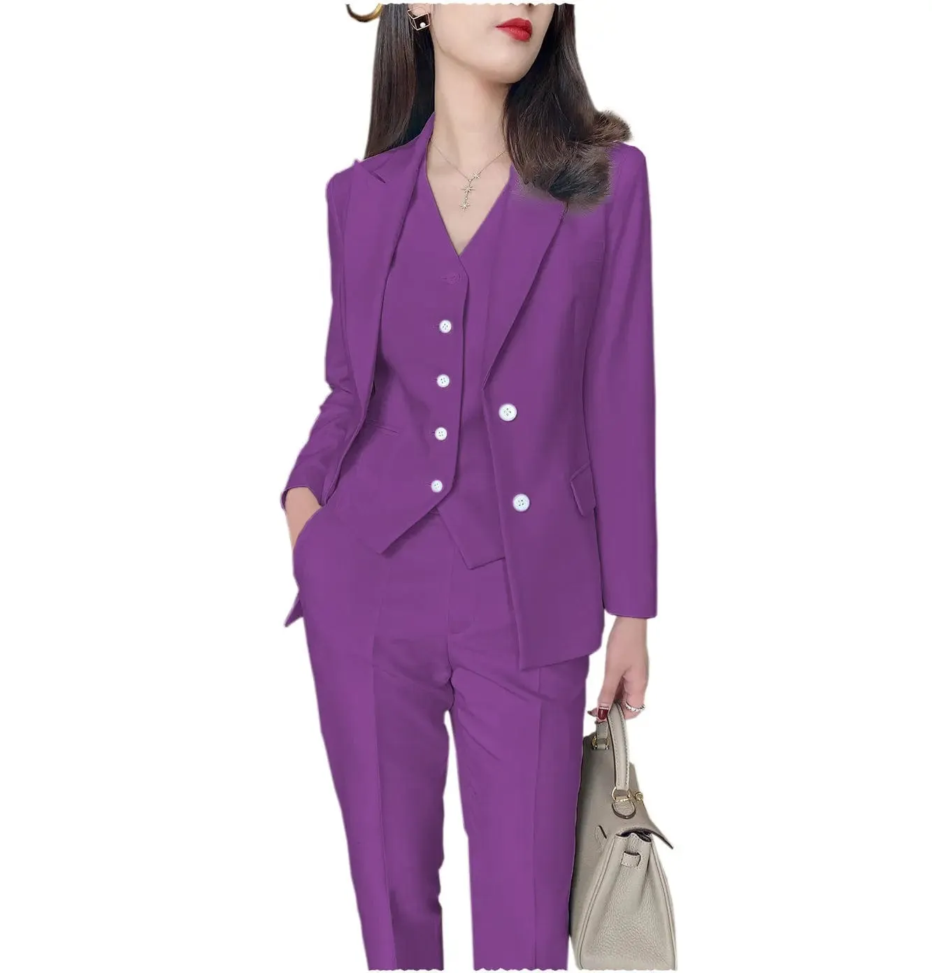 Fashion Slim Fit 3 Pieces Women Suit Peak Lapel Blazer