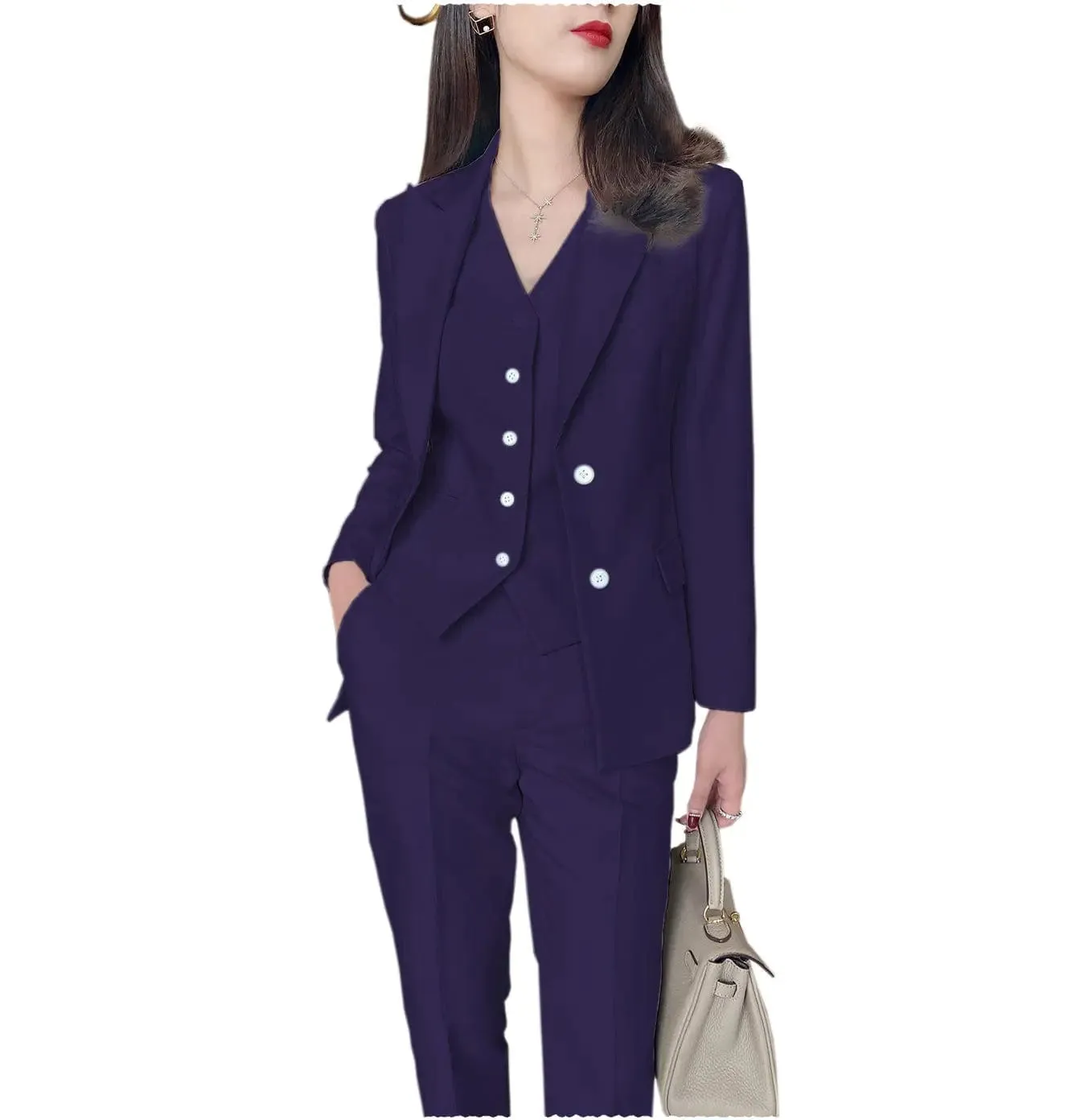 Fashion Slim Fit 3 Pieces Women Suit Peak Lapel Blazer