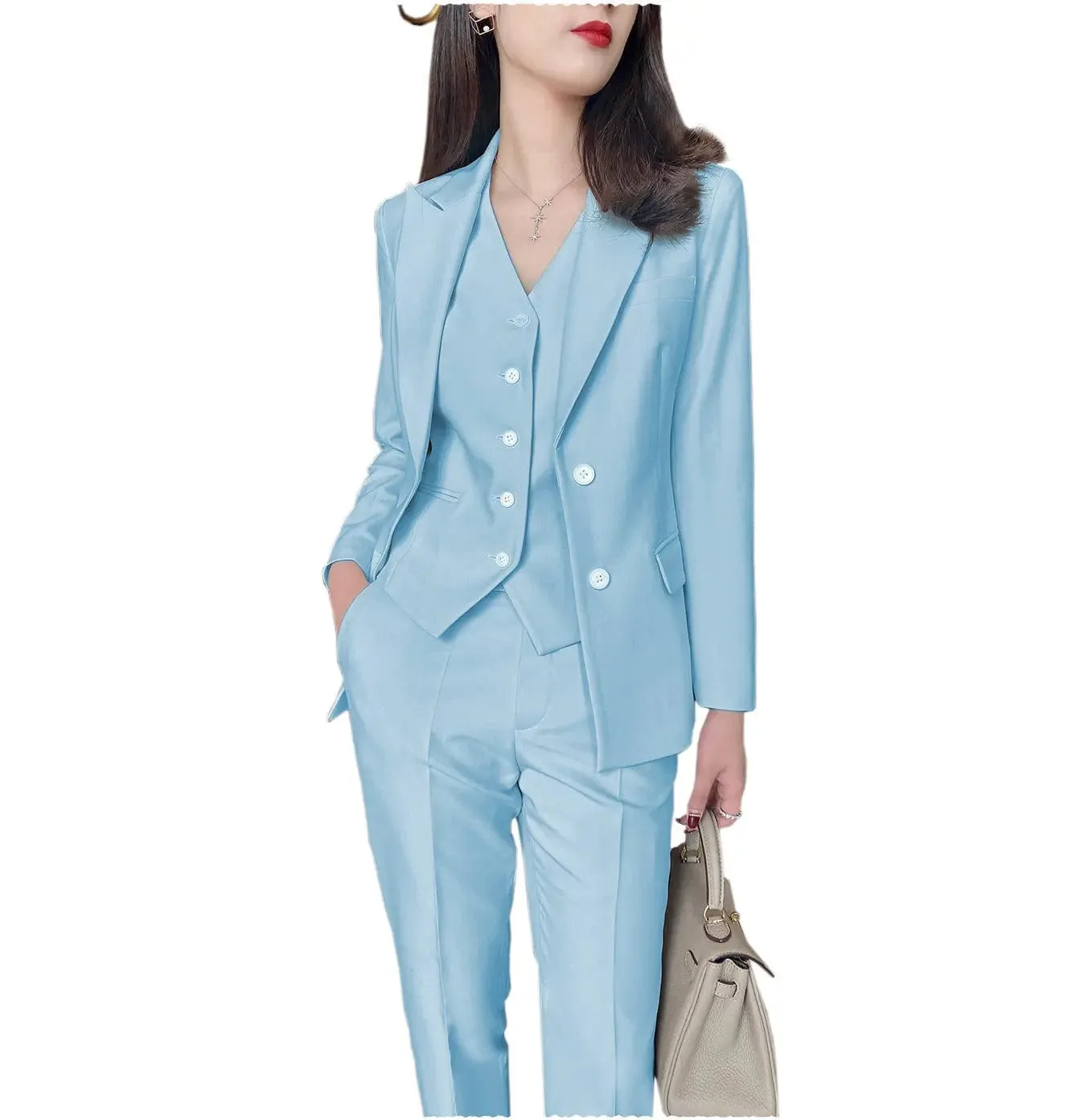 Fashion Slim Fit 3 Pieces Women Suit Peak Lapel Blazer