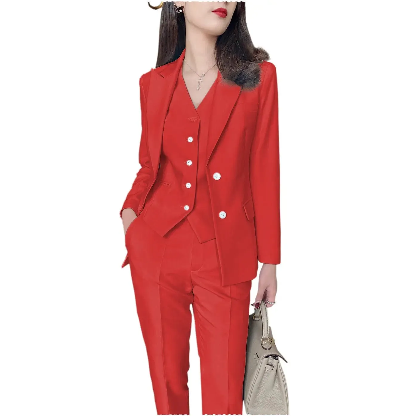 Fashion Slim Fit 3 Pieces Women Suit Peak Lapel Blazer