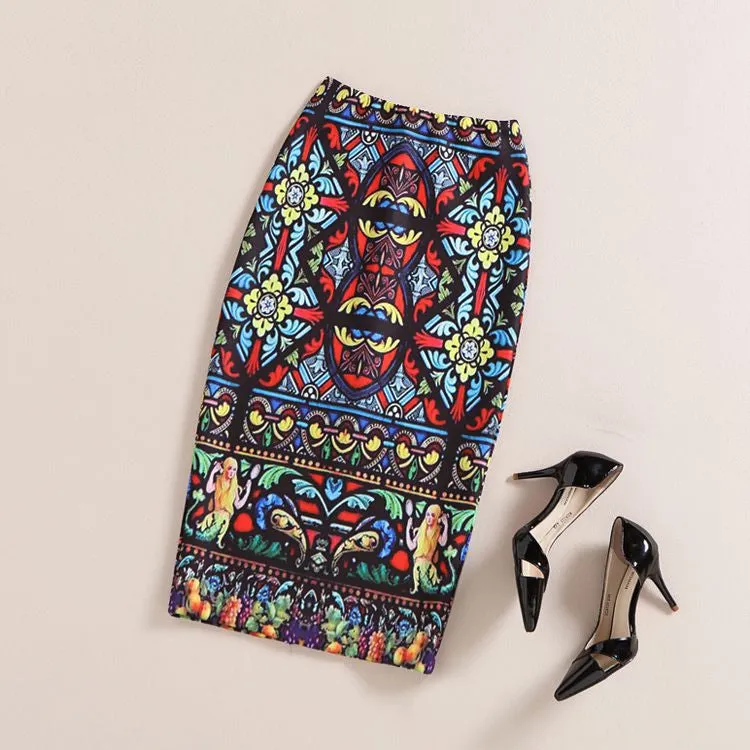 Fashion Women Print Office Skirt Spring Summer Knee-Length Pencil Back Split Skirts High Quality Faldas Saia Midi Femme