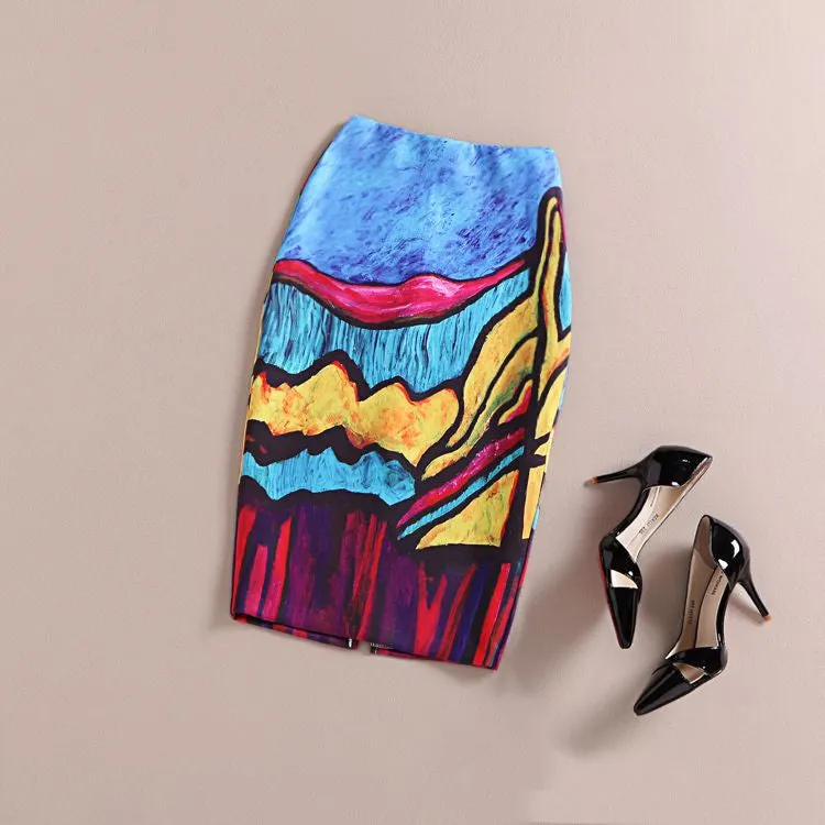 Fashion Women Print Office Skirt Spring Summer Knee-Length Pencil Back Split Skirts High Quality Faldas Saia Midi Femme