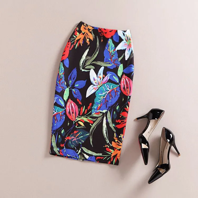 Fashion Women Print Office Skirt Spring Summer Knee-Length Pencil Back Split Skirts High Quality Faldas Saia Midi Femme