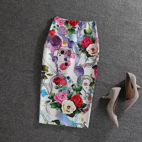 Fashion Women Print Office Skirt Spring Summer Knee-Length Pencil Back Split Skirts High Quality Faldas Saia Midi Femme