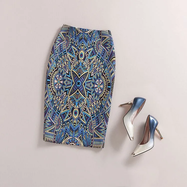 Fashion Women Print Office Skirt Spring Summer Knee-Length Pencil Back Split Skirts High Quality Faldas Saia Midi Femme