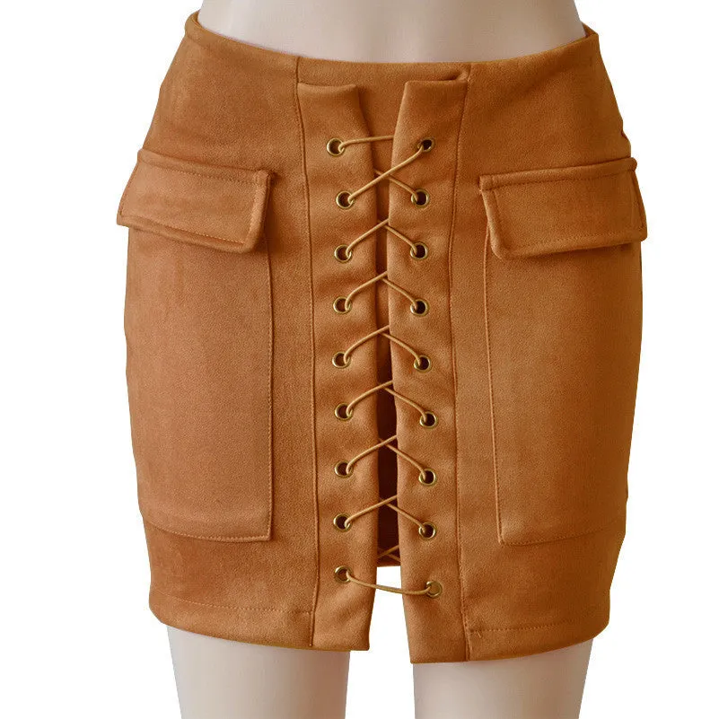 Fashion Womens Lace-up Leather Suede Pencil Skirt Cross High Waist Mini Skirt Zipper Split Bodycon Short Skirts