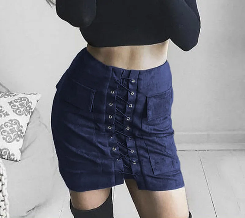 Fashion Womens Lace-up Leather Suede Pencil Skirt Cross High Waist Mini Skirt Zipper Split Bodycon Short Skirts