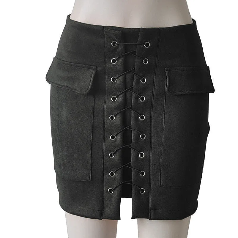 Fashion Womens Lace-up Leather Suede Pencil Skirt Cross High Waist Mini Skirt Zipper Split Bodycon Short Skirts