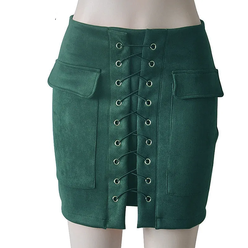 Fashion Womens Lace-up Leather Suede Pencil Skirt Cross High Waist Mini Skirt Zipper Split Bodycon Short Skirts
