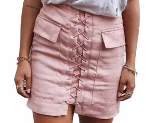 Fashion Womens Lace-up Leather Suede Pencil Skirt Cross High Waist Mini Skirt Zipper Split Bodycon Short Skirts