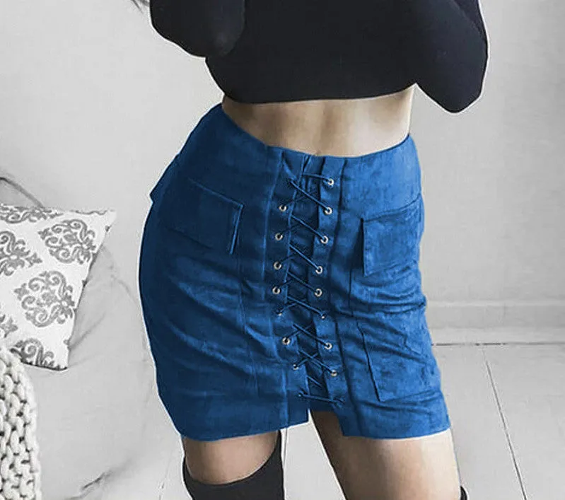 Fashion Womens Lace-up Leather Suede Pencil Skirt Cross High Waist Mini Skirt Zipper Split Bodycon Short Skirts