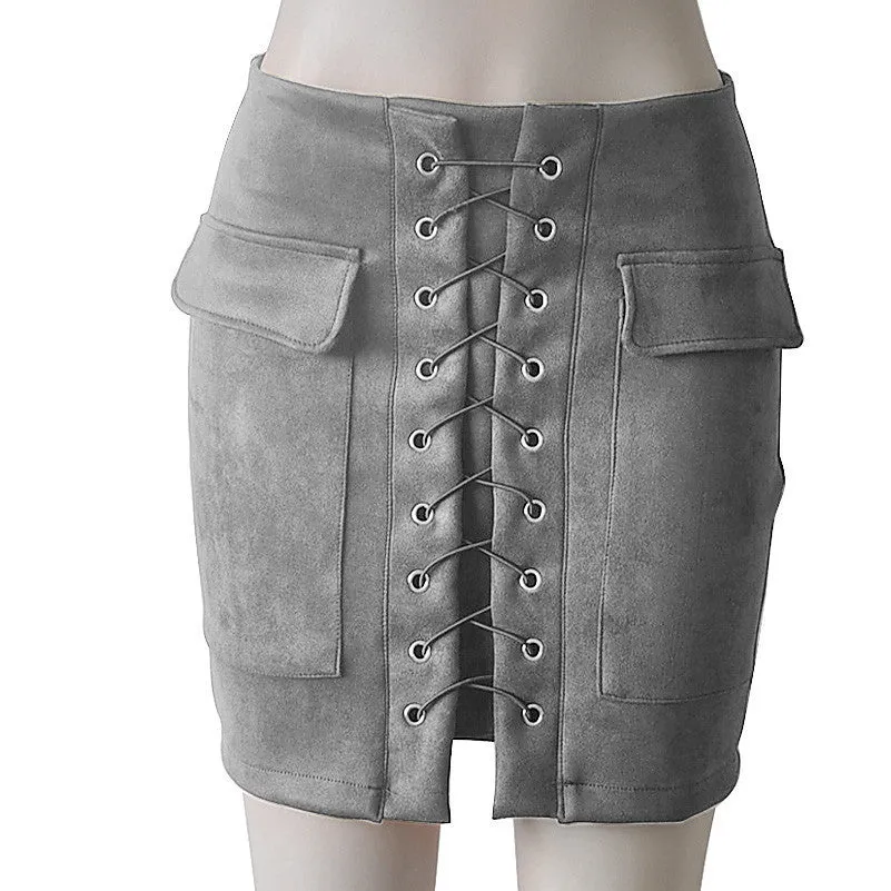 Fashion Womens Lace-up Leather Suede Pencil Skirt Cross High Waist Mini Skirt Zipper Split Bodycon Short Skirts