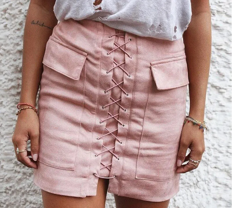 Fashion Womens Lace-up Leather Suede Pencil Skirt Cross High Waist Mini Skirt Zipper Split Bodycon Short Skirts
