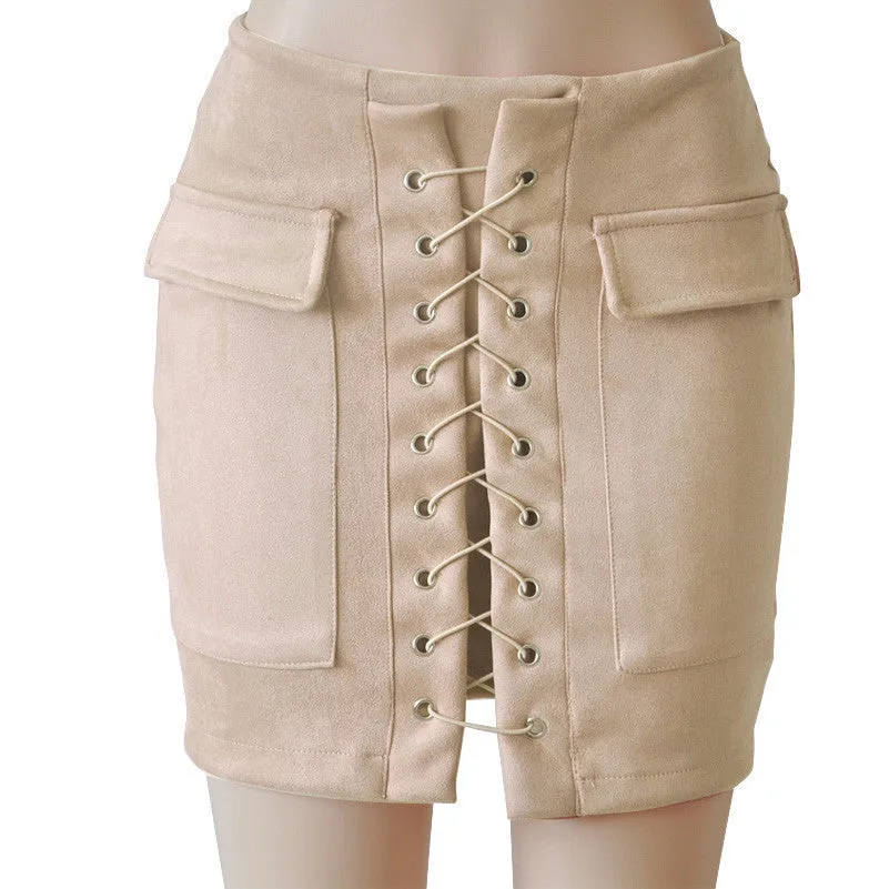 Fashion Womens Lace-up Leather Suede Pencil Skirt Cross High Waist Mini Skirt Zipper Split Bodycon Short Skirts
