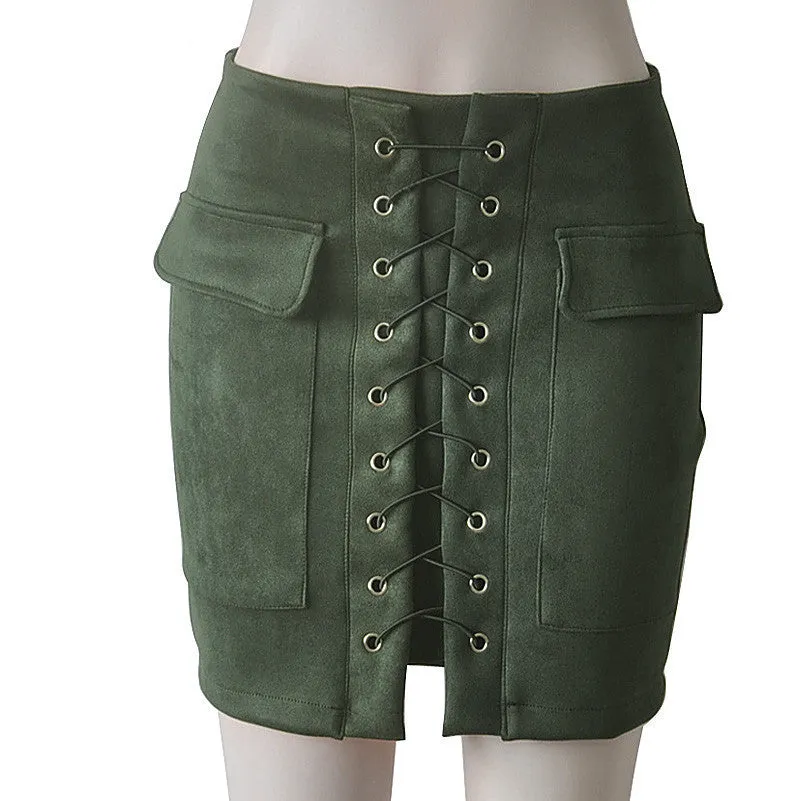 Fashion Womens Lace-up Leather Suede Pencil Skirt Cross High Waist Mini Skirt Zipper Split Bodycon Short Skirts