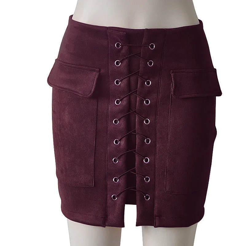Fashion Womens Lace-up Leather Suede Pencil Skirt Cross High Waist Mini Skirt Zipper Split Bodycon Short Skirts