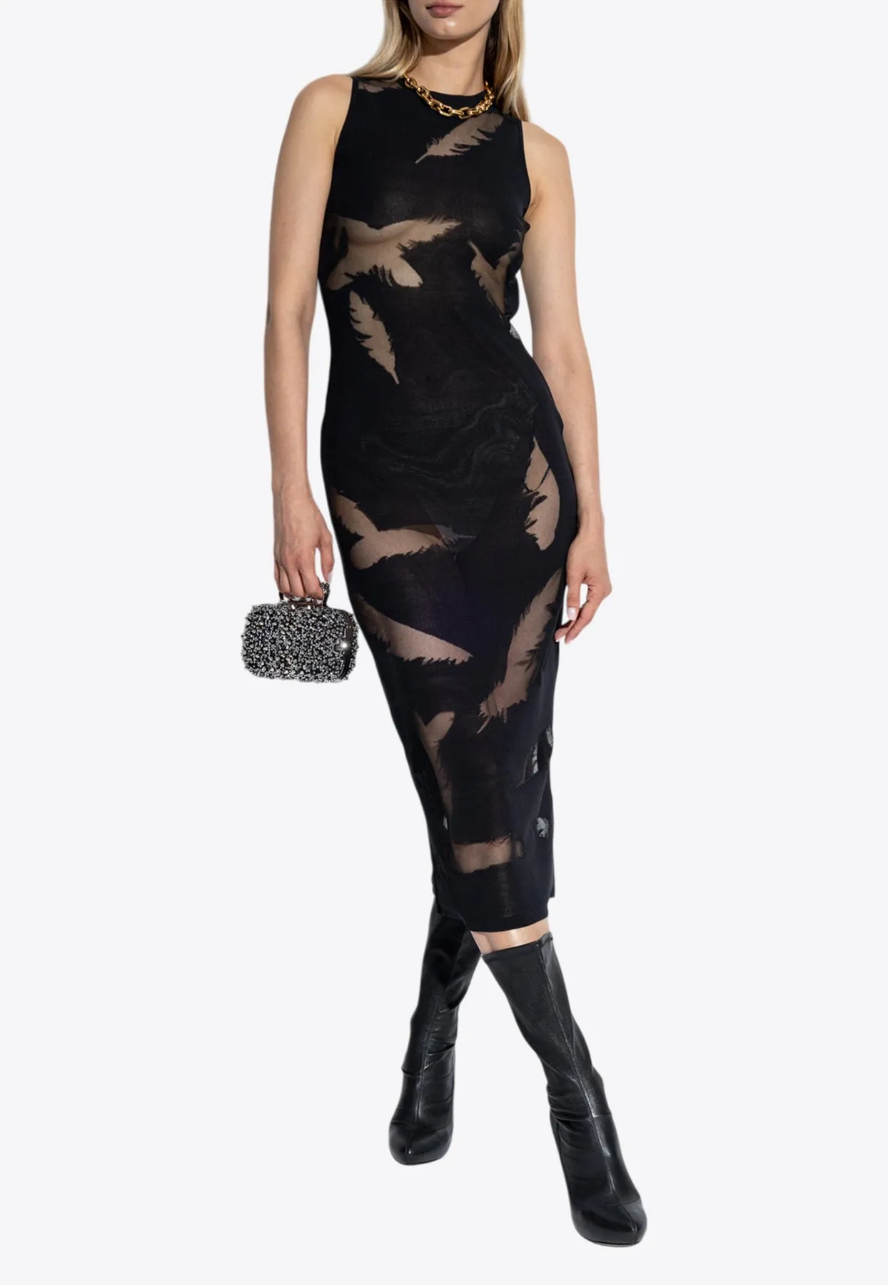 Feather Intarsia Midi Pencil Dress