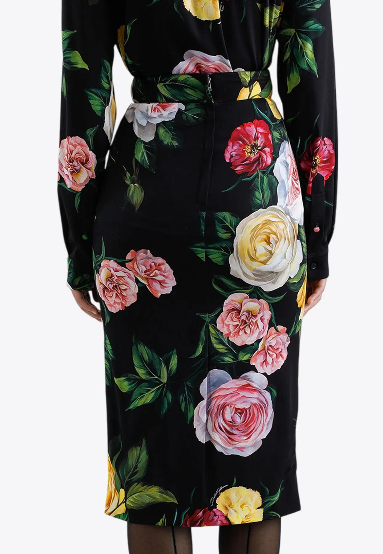 Floral Charmeuse Midi Pencil Skirt