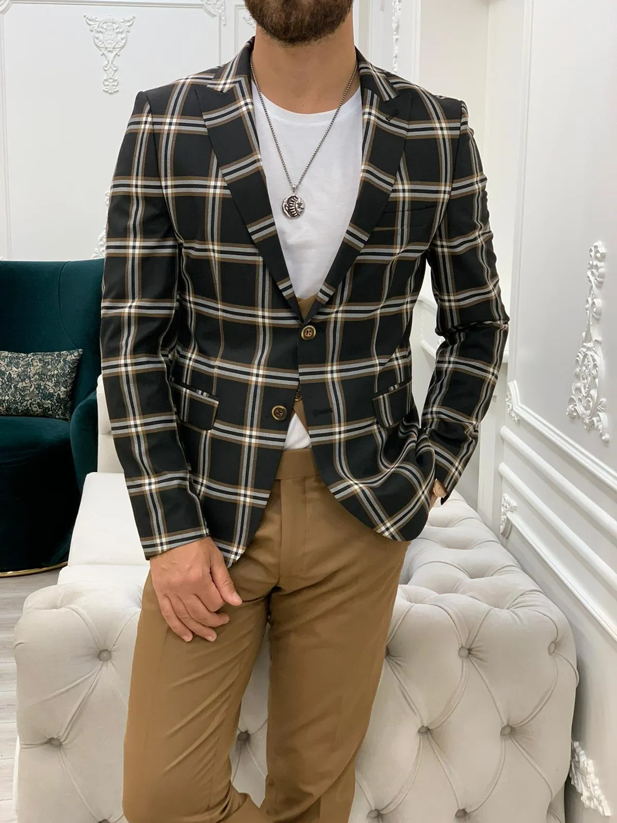 Florian Black Slim Fit Peak Lapel Plaid Suit for Modern Men