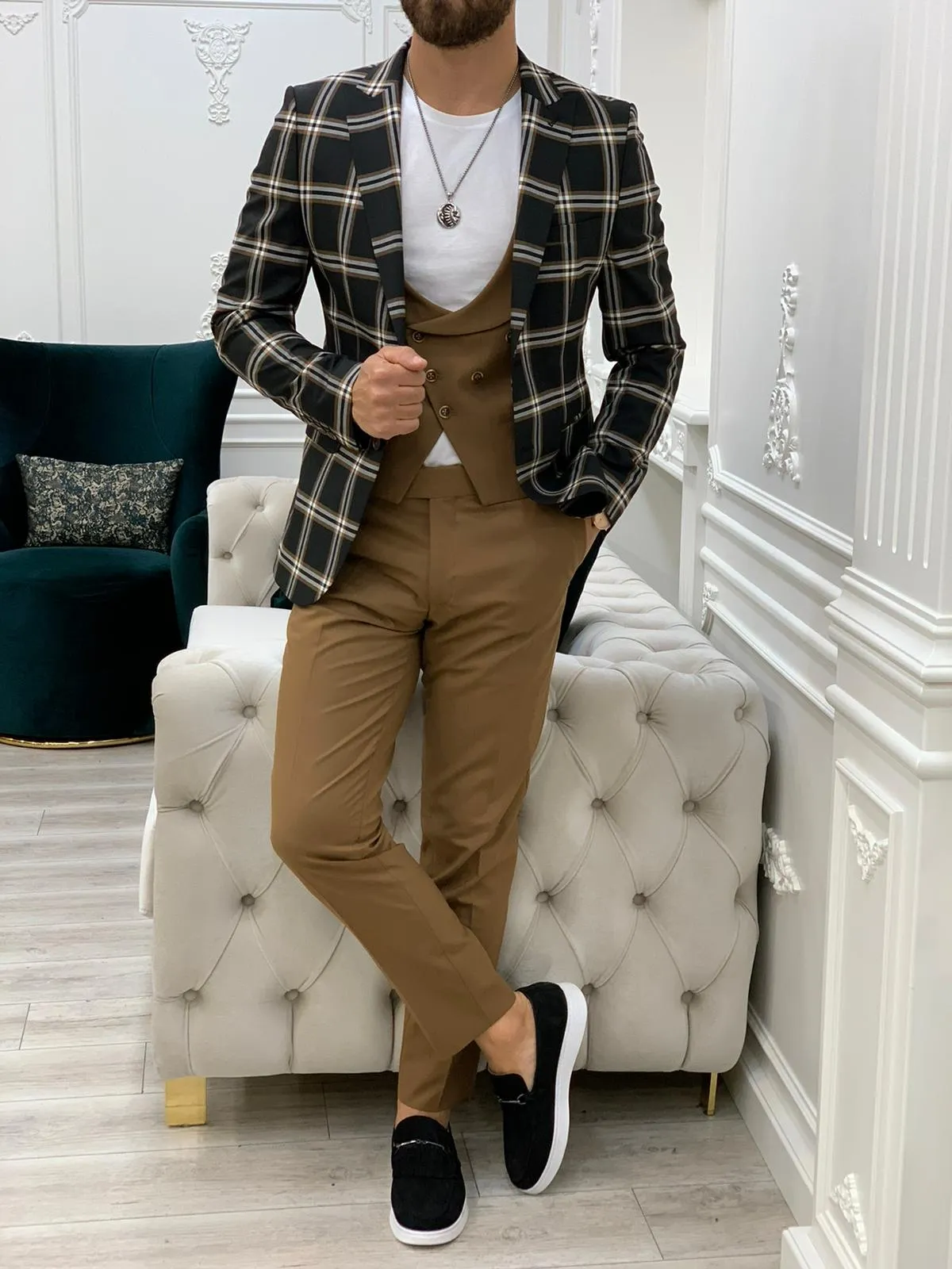 Florian Black Slim Fit Peak Lapel Plaid Suit for Modern Men