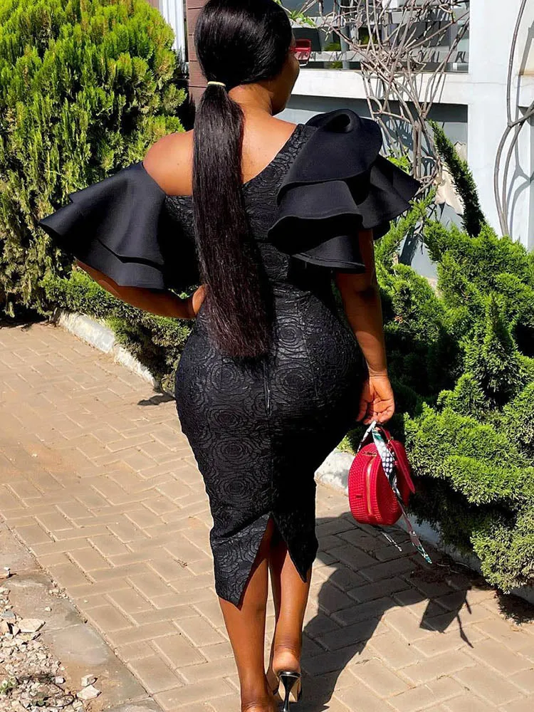 Flounce Oblique Collar Pencil Dresses